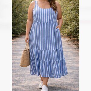 Amazon Essentials Blue White Striped Sleeveless Midi Dress XXL